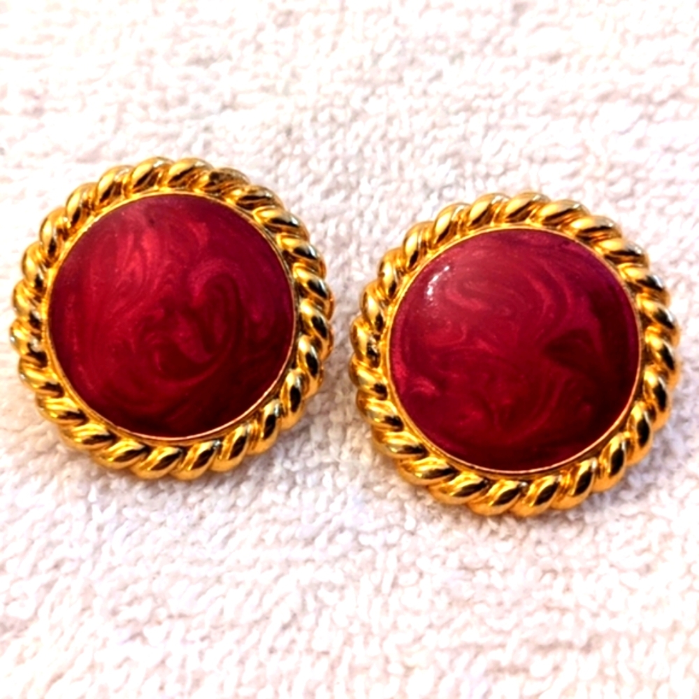 ♥️ Vintage Italy Retro Stud Fashion Earrings 1" w/Fuschia Marbled Gem